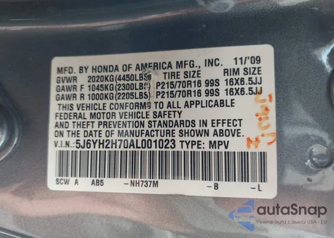 2010 Honda Element Ex z USA, uszkodzony, nr VIN 5J6YH2H70AL001023